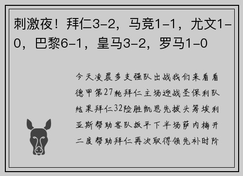 刺激夜！拜仁3-2，马竞1-1，尤文1-0，巴黎6-1，皇马3-2，罗马1-0