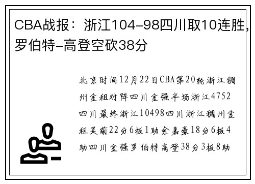 CBA战报：浙江104-98四川取10连胜，罗伯特-高登空砍38分